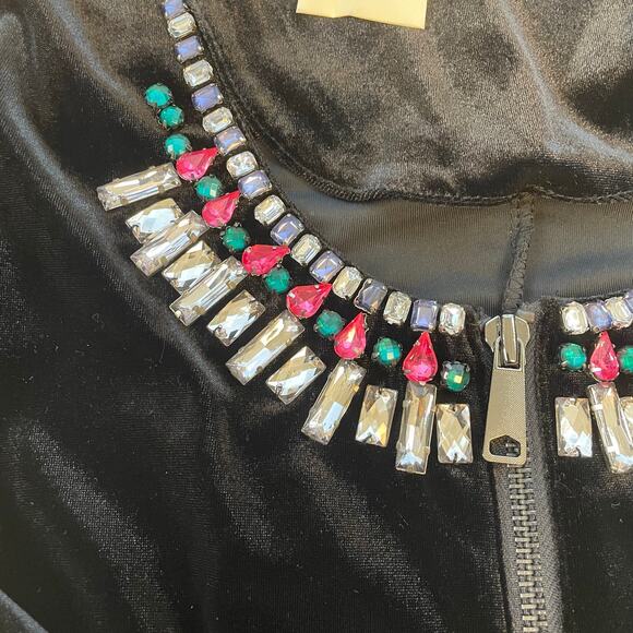 Boston Proper XXS Black Velvet Zip Top Multicolor Rhinestone Embellished Glam - Picture 7 of 10